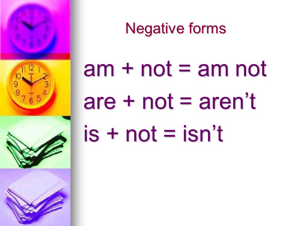 Negative forms am + not = am not are + not = aren’t is